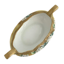 Load image into Gallery viewer, The porcelain is in used vintage condition, free from chips/cracks/repairs. There is wear to the gold gilt on the handles. The bottom is marked "Hand Painted Nippon" and stamped "R210". Measures 9 x 5 1/4 x 3 1/2 (including handles)