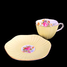 Load image into Gallery viewer, Vintage EB Foley 1850 bone china tea cup and saucer, yellow with pink roses and gold gilt rim, Pattern 3627, England
