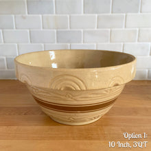 Load image into Gallery viewer, Vintage brown striped yellow ware impressed mixing bowl, No. 305 with impressed details. Crafted by Robinson Ransbottom, USA, 1920s. A well-crafted piece of stoneware offering a nostalgic vibe to your farmhouse or cottage kitchenware and decor!
Option 1: 3 QT, 101/4 x 5 1/2 inches. In good vintage condition, no chips/cracks/repairs, typical age-related crazing and manufacturer's defect at the rim. Maker's mark.