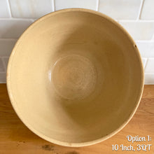 Load image into Gallery viewer, Vintage brown striped yellow ware impressed mixing bowl, No. 305 with impressed details. Crafted by Robinson Ransbottom, USA, 1920s. A well-crafted piece of stoneware offering a nostalgic vibe to your farmhouse or cottage kitchenware and decor!
Option 1: 3 QT, 101/4 x 5 1/2 inches. In good vintage condition, no chips/cracks/repairs, typical age-related crazing and manufacturer's defect at the rim. Maker's mark.