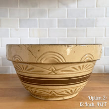 Load image into Gallery viewer, Vintage brown striped yellow ware impressed mixing bowl, No. 305 with impressed details. Crafted by Robinson Ransbottom, USA, 1920s. A well-crafted piece of stoneware offering a nostalgic vibe to your farmhouse or cottage kitchenware and decor!
Option 2: 4 QTs, 12 1/8 x 6 1/2 inches. In good vintage condition, no chips/cracks/repairs, age-related crazing and manufacturer's defects. Maker's mark.