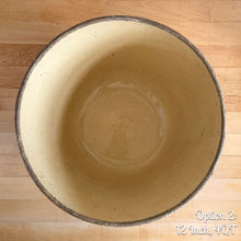 Load image into Gallery viewer, Vintage brown striped yellow ware impressed mixing bowl, No. 305 with impressed details. Crafted by Robinson Ransbottom, USA, 1920s. A well-crafted piece of stoneware offering a nostalgic vibe to your farmhouse or cottage kitchenware and decor!
Option 2: 4 QTs, 12 1/8 x 6 1/2 inches. In good vintage condition, no chips/cracks/repairs, age-related crazing and manufacturer's defects. Maker's mark.