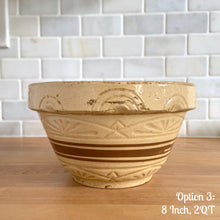Load image into Gallery viewer, Vintage brown striped yellow ware impressed mixing bowl, No. 305 with impressed details. Crafted by Robinson Ransbottom, USA, 1920s. A well-crafted piece of stoneware offering a nostalgic vibe to your farmhouse or cottage kitchenware and decor!
Option 3: 2 QTs, 8 x 4 1/2 inches. In good vintage condition, no chips/cracks/repairs, age-related crazing and manufacturer's defects. Maker's mark.