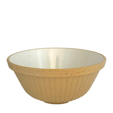 Load image into Gallery viewer, Vintage yellow ware mixing bowl with vertical ribbed pattern and decorative rim. Crafted by Mason Cash, 1950s. A well-crafted piece of stoneware offering a nostalgic vibe to your farmhouse or cottage kitchenware and decor!
In excellent condition, no chips/cracks/repairs. Marked Made in England.
Measures 10 3/8 x 4 1/2 inches
