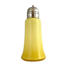 Load image into Gallery viewer, Gorgeous antique Victorian yellow over white cased glass muffineer with pierced silver plate lid. The lid is marked EPNS with S&B inside a shield. Maker was likely Smith & Bartlam, Birmingham, England, circa 1890s. Perfect for sprinkling icing sugar or cinnamon over muffins and desserts. In excellent condition, with age appropriate wear to the silver Measures 3 1/8 x 7 1/8 inches