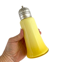 Load image into Gallery viewer, Gorgeous antique Victorian yellow over white cased glass muffineer with pierced silver plate lid. The lid is marked EPNS with S&B inside a shield. Maker was likely Smith & Bartlam, Birmingham, England, circa 1890s. Perfect for sprinkling icing sugar or cinnamon over muffins and desserts. In excellent condition, with age appropriate wear to the silver Measures 3 1/8 x 7 1/8 inches