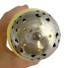 Load image into Gallery viewer, Gorgeous antique Victorian yellow over white cased glass muffineer with pierced silver plate lid. The lid is marked EPNS with S&B inside a shield. Maker was likely Smith & Bartlam, Birmingham, England, circa 1890s. Perfect for sprinkling icing sugar or cinnamon over muffins and desserts. In excellent condition, with age appropriate wear to the silver Measures 3 1/8 x 7 1/8 inches