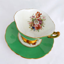 Load image into Gallery viewer, Vintage "3302-25" rose and floral bouquet, green w/ gold trim bone china teacup and saucer, Hammersley & Co., England, between 1932 to 1970. In excellent condition, free from chips, cracks and repairs. Measures 3-3/4" x 2-3/4"