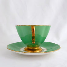 Load image into Gallery viewer, Vintage "3302-25" rose and floral bouquet, green w/ gold trim bone china teacup and saucer, Hammersley & Co., England, between 1932 to 1970. In excellent condition, free from chips, cracks and repairs. Measures 3-3/4" x 2-3/4"
