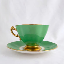 Load image into Gallery viewer, Vintage "3302-25" rose and floral bouquet, green w/ gold trim bone china teacup and saucer, Hammersley & Co., England, between 1932 to 1970. In excellent condition, free from chips, cracks and repairs. Measures 3-3/4" x 2-3/4"