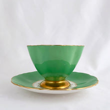 Load image into Gallery viewer, Vintage "3302-25" rose and floral bouquet, green w/ gold trim bone china teacup and saucer, Hammersley & Co., England, between 1932 to 1970. In excellent condition, free from chips, cracks and repairs. Measures 3-3/4" x 2-3/4"
