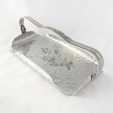 Load image into Gallery viewer, Vintage mid-century hand wrought hammered aluminum handled tray with embossed "Tulip" pattern, shape 420. Crafted by Roger Kent, USA, circa 1950s. A fabulous cocktail glass carrier or appetizer tray. The perfect addition to your mid-century barware collection. In excellent vintage condition. Measures 12 x 6 3/4 x 4 1/2 inches