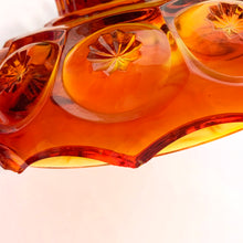 Load image into Gallery viewer, Gorgeous vintage pressed glass amberina Moon and Stars pedestal lidded compote or candy dish. Crafted by the LE Smith Glass Company between 1940s – 2004. This beauty glows brilliantly under black light. This classic candy dish will make a fabulous addition to your glass collection.
In as found vintage condition. The compote is in excellent condition, no chips. The lid has chipping at the rim in several places, see photos.
Measures 6 3/8 x 10 inches