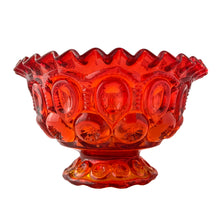 Load image into Gallery viewer, Gorgeous vintage pressed glass amberina "Moon and Stars" round compote or bowl with crimped rim. Produced by the L. E. Smith Glass Company, USA, between 1940's – 2004. This beauty glows brilliantly under black light. A classic fruit bowl, serving dish or decor piece! In excellent condition, free from chips. Measures 7 1/2 x 4 1/2 inches
