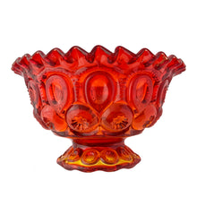 Load image into Gallery viewer, Gorgeous vintage pressed glass amberina "Moon and Stars" round compote or bowl with crimped rim. Produced by the L. E. Smith Glass Company, USA, between 1940's – 2004. This beauty glows brilliantly under black light. A classic fruit bowl, serving dish or decor piece! In excellent condition, free from chips. Measures 7 1/2 x 4 1/2 inches