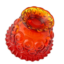 Load image into Gallery viewer, Gorgeous vintage pressed glass amberina "Moon and Stars" round compote or bowl with crimped rim. Produced by the L. E. Smith Glass Company, USA, between 1940's – 2004. This beauty glows brilliantly under black light. A classic fruit bowl, serving dish or decor piece! In excellent condition, free from chips. Measures 7 1/2 x 4 1/2 inches