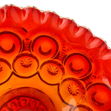 Load image into Gallery viewer, Gorgeous vintage pressed glass amberina "Moon and Stars" round compote or bowl with crimped rim. Produced by the L. E. Smith Glass Company, USA, between 1940's – 2004. This beauty glows brilliantly under black light. A classic fruit bowl, serving dish or decor piece! In excellent condition, free from chips. Measures 7 1/2 x 4 1/2 inches