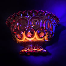 Load image into Gallery viewer, Gorgeous vintage pressed glass amberina "Moon and Stars" round compote or bowl with crimped rim. Produced by the L. E. Smith Glass Company, USA, between 1940's – 2004. This beauty glows brilliantly under black light. A classic fruit bowl, serving dish or decor piece! In excellent condition, free from chips. Measures 7 1/2 x 4 1/2 inches