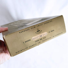 Load image into Gallery viewer, Elegant vintage mid-century 15 inch turquoise Baroque Slim Twist (wax) Candles. The box notes these as "another PARAGON® creation. Produced by Victrylite Candle Co., USA, circa 1950s/1960s. You'll find this phrase printed on each side of the box, "light your evenings with loveliness..." and they are correct! In excellent vintage condition with wicks intact in original box. Measures 15 inches