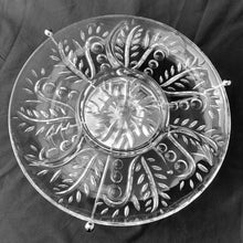 Load image into Gallery viewer, A great mid-century modern "2875 Clear" divided pressed glass relish tray featuring a botanical dot and leaf design, perched atop an atomic style chrome lazy susan stand. Perfect for serving crudités with your favourite dip or an assortment of pickles, olives and pearl onions. In excellent condition, no chips or cracks. May be used with or without the lazy susan. Measures 11 1/2 x 2 1/2 inches (incl. stand)