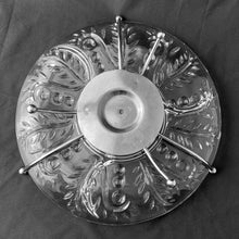 Load image into Gallery viewer, A great mid-century modern "2875 Clear" divided pressed glass relish tray featuring a botanical dot and leaf design, perched atop an atomic style chrome lazy susan stand. Perfect for serving crudités with your favourite dip or an assortment of pickles, olives and pearl onions. In excellent condition, no chips or cracks. May be used with or without the lazy susan. Measures 11 1/2 x 2 1/2 inches (incl. stand)
