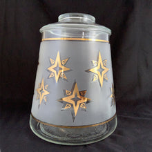Load image into Gallery viewer, Vintage Glass Canister with Clear and Frosted Glass with Gold Atomic Stars Anchor Hocking Bartlett Collins Tableware Glassware Home Decor Boho Bohemian Shabby Chic Cottage Farmhouse Victorian Mid-Century Modern Industrial Retro Flea Market Style Unique Sustainable Gift Antique Prop GTA Eds Mercantile Hamilton Freelton Toronto Canada shop store community seller reseller vendor Collector Collection Collectible