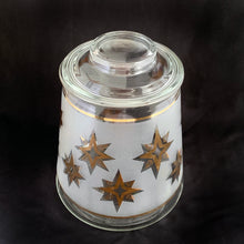 Load image into Gallery viewer, Vintage Glass Canister with Clear and Frosted Glass with Gold Atomic Stars Anchor Hocking Bartlett Collins Tableware Glassware Home Decor Boho Bohemian Shabby Chic Cottage Farmhouse Victorian Mid-Century Modern Industrial Retro Flea Market Style Unique Sustainable Gift Antique Prop GTA Eds Mercantile Hamilton Freelton Toronto Canada shop store community seller reseller vendor Collector Collection Collectible