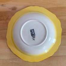 Load image into Gallery viewer, This lovely vintage bowl is hand painted in a rustic style with colourful fruits against a cobalt blue, brown and tan wash ground which is reminiscent of the deep blue sky and farm fields. The bowl is from our personal collection, purchased by my grandmother Rose in the 1930s after she emigrated to Canada. She used this piece as a fruit bowl for many years. In excellent condition, free from chips/cracks. Measures 10" x 2-1/2"