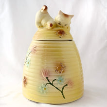 Load image into Gallery viewer, Vintage Mid Century Mid-Century MCM American Bisque Ceramic Pottery Porcelain Kitten Cat Yellow Beehive Floral Cookie Biscuit Jar Barrel 1950 1950s USA adorable kitsch kitschy china hand painted detailed tableware housewares tea coffee kitchen countertop Home Decor Boho Bohemian Shabby Chic Cottage Farmhouse Mid-Century Modern Industrial Retro Flea Market Style Unique Sustainable Gift Antique Prop GTA Hamilton Toronto Canada shop store community seller reseller vendor