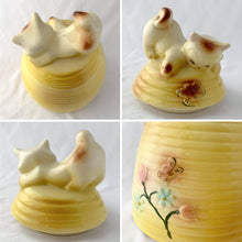 Load image into Gallery viewer, Vintage Mid Century Mid-Century MCM American Bisque Ceramic Pottery Porcelain Kitten Cat Yellow Beehive Floral Cookie Biscuit Jar Barrel 1950 1950s USA adorable kitsch kitschy china hand painted detailed tableware housewares tea coffee kitchen countertop Home Decor Boho Bohemian Shabby Chic Cottage Farmhouse Mid-Century Modern Industrial Retro Flea Market Style Unique Sustainable Gift Antique Prop GTA Hamilton Toronto Canada shop store community seller reseller vendor