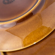 Load image into Gallery viewer, mid-century vintage Bernadette coffee service. Includes coffee pot, creamer, covered sugar, six cups and saucers on the "Delta" shape. Boch Belgium, 1968. hand painted in colours of deep green and brown on a white (off white) ground. In excellent used vintage condition. All pieces are free from chips/cracks/repairs with the exception of a minor chip to the sugar bowl lid and one saucer as shown in the photos.