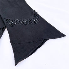 Load image into Gallery viewer, Jacks Daughter of All Trades Vintage Antique Mid-Century Kitsch Store Shop Reseller Etsy Shopify Toronto Canada Free Porch Pick Up Local Delivery Worldwide Shipping Judy Weinberg Unique Gift Sustainable Gift Wedding Gift Home Decor Collectible Collector Gift Shabby Chic Glamorous Hollywood Regency formal black cotton evening gloves black glass seed bead cutwork detail split cuff impeccable workmanship Czechoslovakia Europe 1950s elegant womens fashion accessory movie tv prop stylist