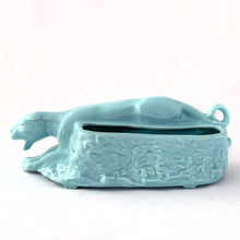 Load image into Gallery viewer, Rare vintage robin's egg blue figural stalking jaguar ceramic planter. Produced by Cameron Clay Works, West Virginia, USA, circa 1950s. A great piece to start a collection. Fill with your favourite houseplant or succulents. In excellent condition, free from chips/cracks/repairs. Measures 8 3/4 x 3 5/8 x 3 1/8