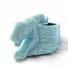 Load image into Gallery viewer, Rare vintage robin's egg blue figural stalking jaguar ceramic planter. Produced by Cameron Clay Works, West Virginia, USA, circa 1950s. A great piece to start a collection. Fill with your favourite houseplant or succulents. In excellent condition, free from chips/cracks/repairs. Measures 8 3/4 x 3 5/8 x 3 1/8