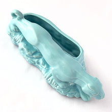 Load image into Gallery viewer, Rare vintage robin's egg blue figural stalking jaguar ceramic planter. Produced by Cameron Clay Works, West Virginia, USA, circa 1950s. A great piece to start a collection. Fill with your favourite houseplant or succulents. In excellent condition, free from chips/cracks/repairs. Measures 8 3/4 x 3 5/8 x 3 1/8