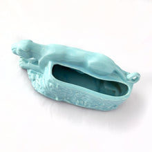 Load image into Gallery viewer, Rare vintage robin's egg blue figural stalking jaguar ceramic planter. Produced by Cameron Clay Works, West Virginia, USA, circa 1950s. A great piece to start a collection. Fill with your favourite houseplant or succulents. In excellent condition, free from chips/cracks/repairs. Measures 8 3/4 x 3 5/8 x 3 1/8