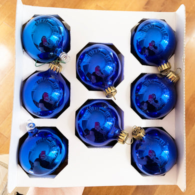 Boxed set of eight vintage blue glass ball Christmas tree ornaments.  In great vintage condition.  Each ornament measures 2 inches Jacks Daughter of All Trades Vintage Antique Retro Mid-Century Modern Kitsch Store Shop Reseller Etsy Shopify Toronto Canada Free Porch Pick Up Local Delivery Worldwide Shipping Judy Weinberg Unique Housewarming Hostess Sustainable Gift Home Decor