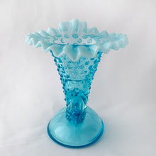 Load image into Gallery viewer, Vintage blue opalescent hobnail cornucopia candle holder or vase with crimped edge. Crafted by Fenton Art Glass, USA, 1940 - 1954 and 1959 - 1965. A lovely piece to add to your decor.
In excellent condition, no chips. Umarked.
Measures 5 1/4 x 5 x 5 1/2 inches