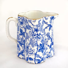 Load image into Gallery viewer, Rare antique bone china Bramble patterned creamer, Alexandra shape. Wileman, England, circa 1886. In good vintage condition free from chips/crazing. One diagonal hairline crack on the interior body near the handle. Backstamp with Product No. 49676 and Registration No. 60850. Measures 2-1/2" x 2-3/4"