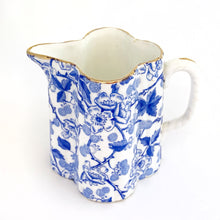 Load image into Gallery viewer, Rare antique bone china Bramble patterned creamer, Alexandra shape. Wileman, England, circa 1886. In good vintage condition free from chips/crazing. One diagonal hairline crack on the interior body near the handle. Backstamp with Product No. 49676 and Registration No. 60850. Measures 2-1/2" x 2-3/4"