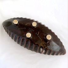 Load image into Gallery viewer, A fantastic large oblong gondola shaped footed pottery planter in brown drip glaze with vertical rib details. Produced by Beaceware, Canada. This unusual 1960s vintage planter would be a beautiful vessel for your favourite houseplants or succulents or use it as a console bowl or catchall. Whatever you choose, it will make a wonderful decorative piece. In excellent condition, free from chips or cracks. Marked "BEAUCE 1756 CANADA" Measures 13 5/8 x 5 1/4 x 4 inches
