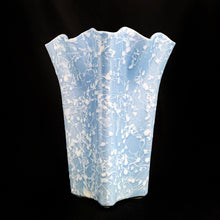 Load image into Gallery viewer, This gorgeous vintage mid-century ceramic Wedgwood blue and satin white splatter glazed square vase with ruffled edge (shape 2513) is part of the Cameo Ware Sorcery line produced by Shawnee Pottery USA, circa 1950. What can we say, it's absolutely fabulous and any floral arrangement would be fortunate to find itself on display in this vessel! In excellent condition, free from chips/cracks/repairs. Measures approximately 5 3/4 x 8 3/4 inches
