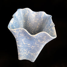Load image into Gallery viewer, This gorgeous vintage mid-century ceramic Wedgwood blue and satin white splatter glazed square vase with ruffled edge (shape 2513) is part of the Cameo Ware Sorcery line produced by Shawnee Pottery USA, circa 1950. What can we say, it's absolutely fabulous and any floral arrangement would be fortunate to find itself on display in this vessel! In excellent condition, free from chips/cracks/repairs. Measures approximately 5 3/4 x 8 3/4 inches