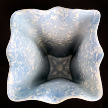 Load image into Gallery viewer, This gorgeous vintage mid-century ceramic Wedgwood blue and satin white splatter glazed square vase with ruffled edge (shape 2513) is part of the Cameo Ware Sorcery line produced by Shawnee Pottery USA, circa 1950. What can we say, it's absolutely fabulous and any floral arrangement would be fortunate to find itself on display in this vessel! In excellent condition, free from chips/cracks/repairs. Measures approximately 5 3/4 x 8 3/4 inches