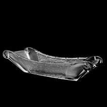 Load image into Gallery viewer, Stunning vintage mid-century Chinoiserie style Cathay junk flower box in clear and frosted glass. This pressed glass vessel is reminiscent of the traditional Asian junk flower boat and is decorated in a bamboo pattern and graceful scrolls at each end. Designed and signed on the side by Virginia B Evans for the Imperial Glass-Ohio, produced between 1949 - 1962. Excellent condition free from chips/cracks except for 1 minor flea bite to the base which is virtually unnoticeable. Measures 14-1/2 x 2-3/8 inches
