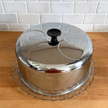 Load image into Gallery viewer, Jacks Daughter of All Trades Vintage Antique Mid-Century Kitsch Store Shop Reseller Etsy Shopify Toronto Canada Free Porch Pick Up Local Delivery Worldwide Shipping Judy Weinberg Unique Housewarming Gift Sustainable Gift Wedding Gift Home Decor Collectible Collector Gift Farmhouse Cottagecore Cottage Lodge Shabby Chic Industrial Retro Flea Market Style Chrome Domed glass Cake plate Dessert Cupcakes Serving Storage Plate Federal Glass Kromex Birthday Special Occasion Entertaining Sunday Night Dinner Party