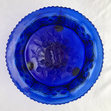Load image into Gallery viewer, Gorgeous antique Butterfly and Berries cobalt blue pressed glass paneled tri-footed bowl, featuring butterflies and berries on the vine. Crafted by Fenton Art Glass, 1920s. Makes a lovely fruit bowl, catchall or decor piece.
In excellent condition, no chips.
Measures 9 1/4 x 3 3/4 inches