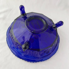 Load image into Gallery viewer, Jacks Daughter of All Trades Vintage Antique Mid-Century Kitsch Store Shop Reseller Etsy Shopify Toronto Canada Free Porch Pick Up Local Delivery Worldwide Shipping Judy Weinberg Unique Housewarming Gift Sustainable Gift Wedding Gift Home Decor Collectible Collector Gift Farmhouse Cottagecore Cottage Lodge Shabby Chic Art Deco Art Nouveau Butterfly and Berries cobalt blue pressed glass paneled tri-footed bowl Fenton Art Glass 1920s fruit bowl catchall