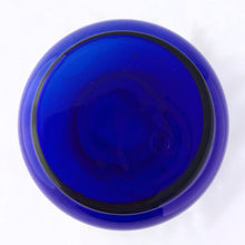 Load image into Gallery viewer, A beautiful hand blown cobalt blue bulb-shaped bud vase, ideal for single stems or a small bouquet. Made in the USA, circa 1970s. In excellent condition, no chips or cracks. Measures 3 x 7 1/2 inches