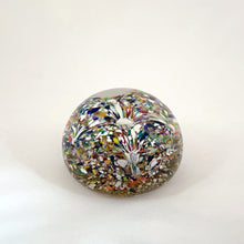 Load image into Gallery viewer, The multitude of colours within the 2 trumpet shaped flowers blown inside this vintage glass paperweight is mind blowing...pardon the pun! Where each petal meets is a controlled bubble that adds an extra sparkle to this beautiful orb shaped paperweight. The bottom has a smoothened pontil mark. Unsigned. In excellent condition, no chips or cracks. Measures 3 x 2 inches
